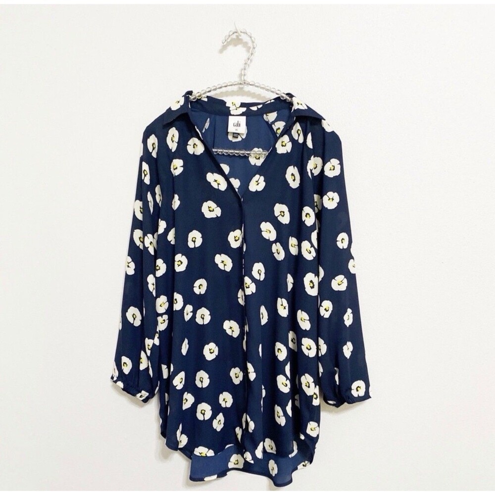Cabi Go To Blouse Top Button Up All Over Daisy Floral Print Blue Women's L #5705 - Picture 2 of 5
